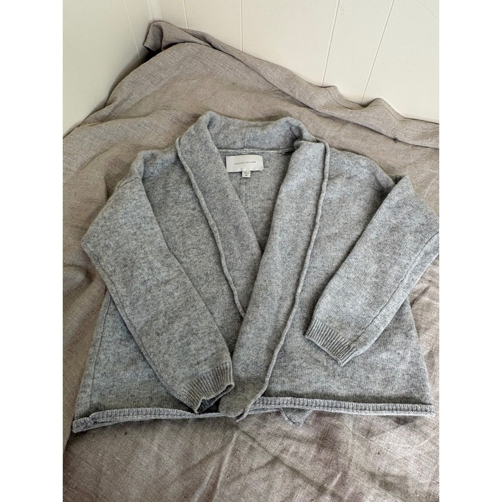 Brochu Walker 100% Cashmere Cardigan Grey Shawl Collar Cropped Open Front M - Picture 2 of 11